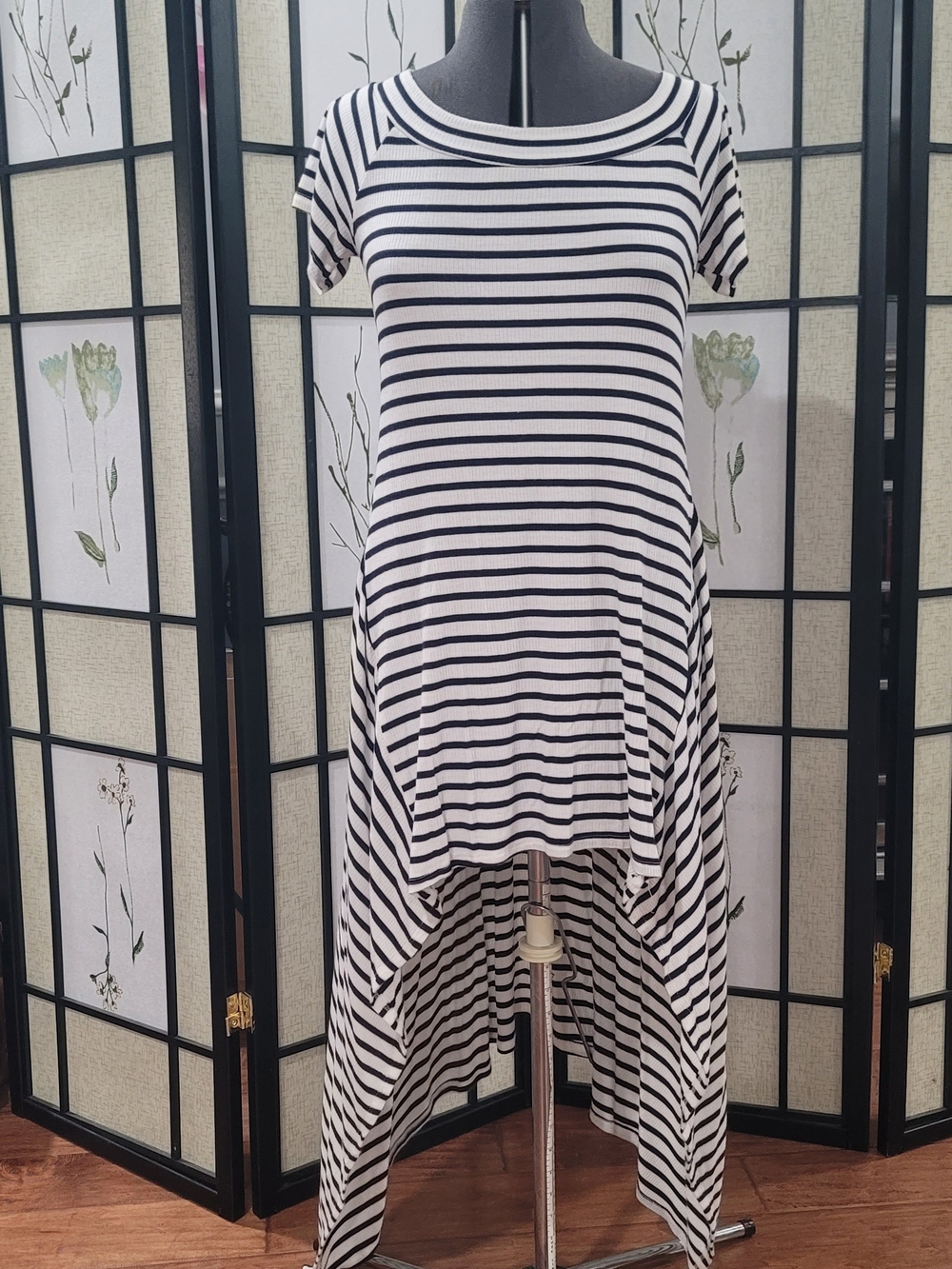 Striped High-Low Swing Dress - Black & White